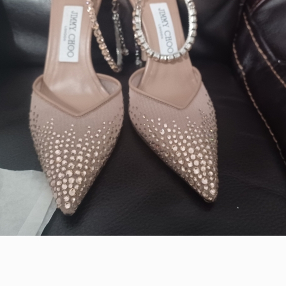 $1,495 *JIMMY CHOO* SAEDA 100 CRYSTAL EMBELLISHED HEELS Size 37 7B Ballet Pink - Picture 12 of 15